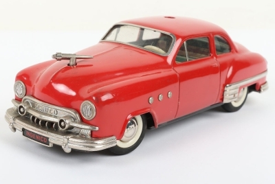 Schuco Ingenico 5380U Limousine Car, red clockwork and battery operated (untested) lithographed and painted tinplate two-door Limousine circa 1952, in very good used original condition, with battery pack (some rusting) and hand steering wire, bonnet masco - 3