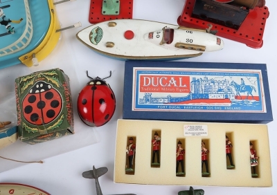 A Mamod MM2 steam stationary engine, with burner and grinding wheels on base, Sutcliffe Bluebird pressed steel clockwork boat, Schuco 1015 tinplate speed boat, missing driver/steering wheel, Star pond yacht, Vosper RAF crash Tender, box is poor, model mis - 2
