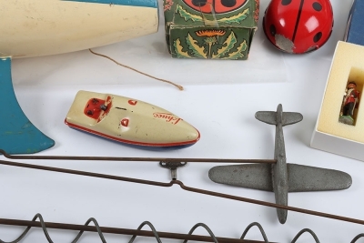 A Mamod MM2 steam stationary engine, with burner and grinding wheels on base, Sutcliffe Bluebird pressed steel clockwork boat, Schuco 1015 tinplate speed boat, missing driver/steering wheel, Star pond yacht, Vosper RAF crash Tender, box is poor, model mis - 3