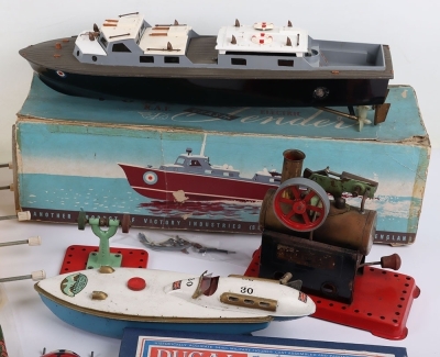 A Mamod MM2 steam stationary engine, with burner and grinding wheels on base, Sutcliffe Bluebird pressed steel clockwork boat, Schuco 1015 tinplate speed boat, missing driver/steering wheel, Star pond yacht, Vosper RAF crash Tender, box is poor, model mis - 4