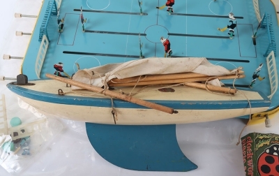 A Mamod MM2 steam stationary engine, with burner and grinding wheels on base, Sutcliffe Bluebird pressed steel clockwork boat, Schuco 1015 tinplate speed boat, missing driver/steering wheel, Star pond yacht, Vosper RAF crash Tender, box is poor, model mis - 7