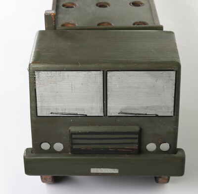 A large wooden Royal Engineers demonstration model of an Army truck and Low Loader, the solid wooden truck and low loader painted military green, cab with silver painted windows, lining, lights and other details in black, turned wooden wheels with black - 2