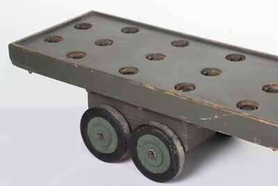 A large wooden Royal Engineers demonstration model of an Army truck and Low Loader, the solid wooden truck and low loader painted military green, cab with silver painted windows, lining, lights and other details in black, turned wooden wheels with black - 3