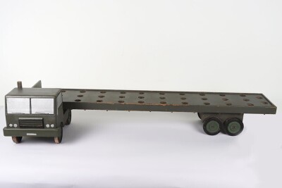 A large wooden Royal Engineers demonstration model of an Army truck and Low Loader, the solid wooden truck and low loader painted military green, cab with silver painted windows, lining, lights and other details in black, turned wooden wheels with black - 4