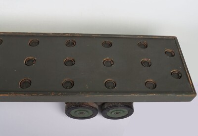 A large wooden Royal Engineers demonstration model of an Army truck and Low Loader, the solid wooden truck and low loader painted military green, cab with silver painted windows, lining, lights and other details in black, turned wooden wheels with black - 5