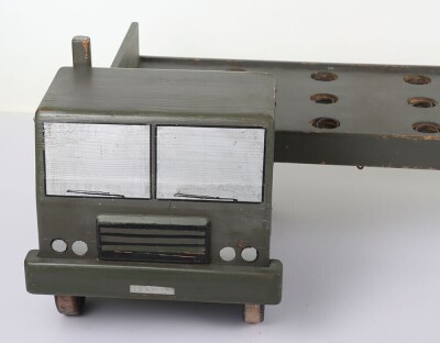 A large wooden Royal Engineers demonstration model of an Army truck and Low Loader, the solid wooden truck and low loader painted military green, cab with silver painted windows, lining, lights and other details in black, turned wooden wheels with black - 7