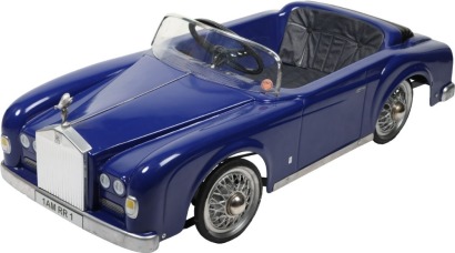 A Rare 1970&rsquo;s French Morellet Guerineau Rolls Royce Silver Cloud Childs Pedal Car, blue plastic body, chrome front grill with metal &lsquo;Spirit of Ecstasy&rsquo; mascot, black/silver plastic steering wheel with MG embossed in centre, metal chassis, galvanised spoke