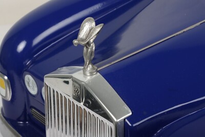 A Rare 1970&rsquo;s French Morellet Guerineau Rolls Royce Silver Cloud Childs Pedal Car, blue plastic body, chrome front grill with metal &lsquo;Spirit of Ecstasy&rsquo; mascot, black/silver plastic steering wheel with MG embossed in centre, metal chassis, galvanised spoke - 2