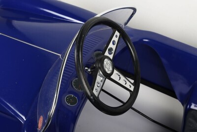 A Rare 1970&rsquo;s French Morellet Guerineau Rolls Royce Silver Cloud Childs Pedal Car, blue plastic body, chrome front grill with metal &lsquo;Spirit of Ecstasy&rsquo; mascot, black/silver plastic steering wheel with MG embossed in centre, metal chassis, galvanised spoke - 3