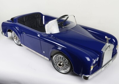 A Rare 1970&rsquo;s French Morellet Guerineau Rolls Royce Silver Cloud Childs Pedal Car, blue plastic body, chrome front grill with metal &lsquo;Spirit of Ecstasy&rsquo; mascot, black/silver plastic steering wheel with MG embossed in centre, metal chassis, galvanised spoke - 6