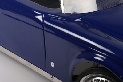 A Rare 1970&rsquo;s French Morellet Guerineau Rolls Royce Silver Cloud Childs Pedal Car, blue plastic body, chrome front grill with metal &lsquo;Spirit of Ecstasy&rsquo; mascot, black/silver plastic steering wheel with MG embossed in centre, metal chassis, galvanised spoke - 7