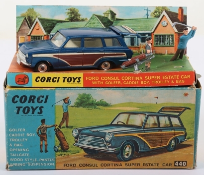 Vintage Corgi Toys 440 Ford Cortina Super Estate Car, with golfer