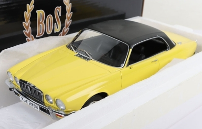 BOS Best of Show 1974 Jaguar XJ 4.2C 1:18 Scale Model, ref no.BOS299, yellow/black resin body, black interior, in mint condition, wing mirrors still sealed in bag, polystyrene inner, with excellent outer card box.