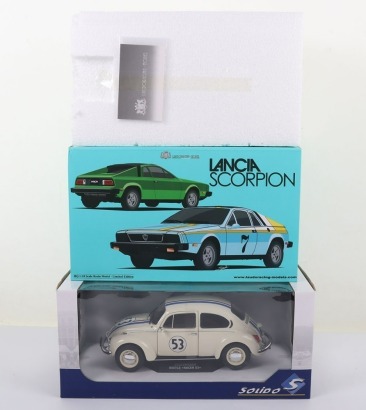 Lancia Scorpion Giselle as featured in Herbie Goes to Monte Carlo, Laudoracing limited edition resin model and a Solido Herbie Volkswagen Beetle, both 1: 18 scale, both in mint boxed condition.