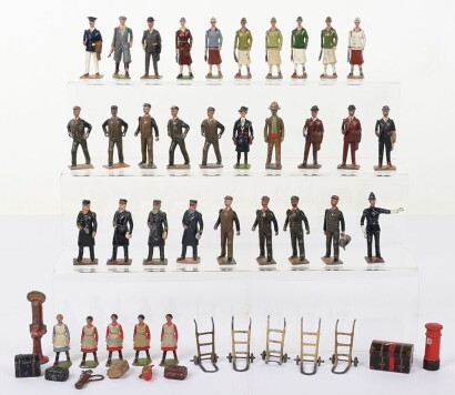 Britains Civilians and Railway Staff, circa 1930, yachtsman, two men with pipes, two men with letters, golfer, seven lady passengers, man in Panama hat, Guide Mistress, five village girls, Traffic Policeman, four Station masters, nine Porters, luggage and