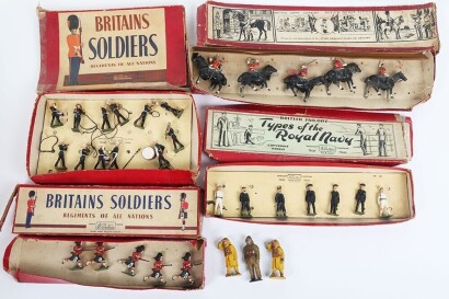 Britains boxed set 1291 Band of the Royal Marines, post war, with twelve marching Bandsmen, (good condition, box poor, loss, tears), set 1911 Naval Officers, (good one lacks an arm, box poor), JoHillco set 221 mounted Lifeguards, Scenic Playpack No.2 with