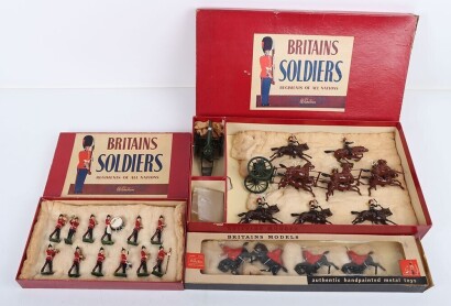Britains boxed set 39 Royal Horse Artillery with Gun and Escort, post war, six horse team with outriders, Officer, Limber and gun, in ROAN box, (excellent condition, box good), together with set 27 Line Infantry Band review order in ROAN box, (excellent b