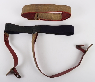 6th Inniskilling Dragoon Officers Full Dress Waist Belt & Slings. Red leather waist belt with scarlet cloth edges and under tunic sword slings all with gilt regimental lace, however a non regimental VR silver & gilt dragoon buckle. In good condition. - 2