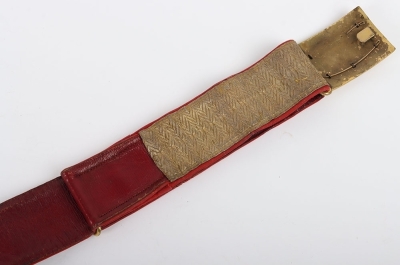 6th Inniskilling Dragoon Officers Full Dress Waist Belt & Slings. Red leather waist belt with scarlet cloth edges and under tunic sword slings all with gilt regimental lace, however a non regimental VR silver & gilt dragoon buckle. In good condition. - 5