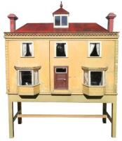 Large early English painted wooden dolls house on stand with contents, mid 19th century,