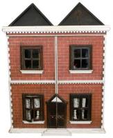 Unusual front and back opening painted red brick wooden dolls house with contents, English 1860s,