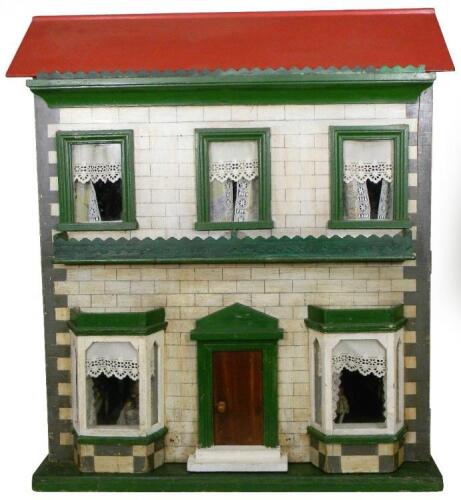 Painted wooden dolls house with red roof and contents, English early 20th century,