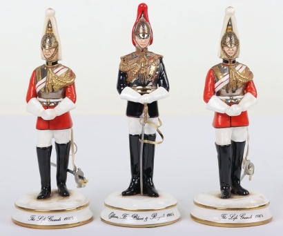 3 Michael Sutty Porcelain Figures: Life Guards Troopers & Blues and Royals Officer.