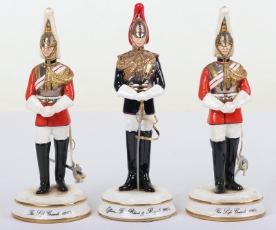 3 Michael Sutty Porcelain Figures: Life Guards Troopers & Blues and Royals Officer.