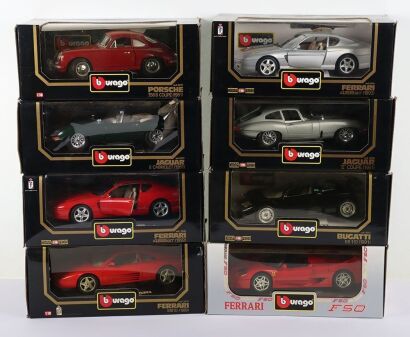 Eight Burago Boxed Cars Models 1/18 Scale.