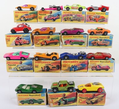 Fifteen Vintage Matchbox Superfast Models with boxes.