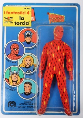 Vintage Fantastic Four Italian The Human Torch Eight Inch Action Figure Mego Harbert moc carded.