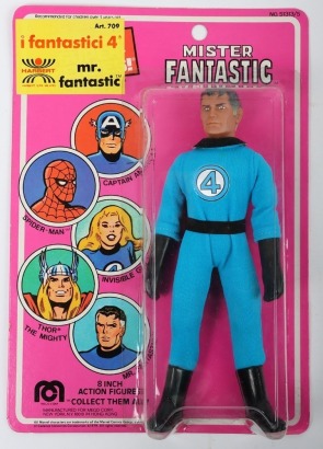 Vintage Fantastic Four Italian Mr Mister Fantastic Eight Inch Action Figure Mego Harbert moc carded.
