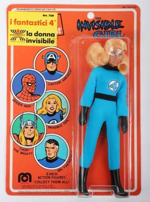 Vintage Fantastic Four Italian The Invisible Girl Eight Inch Action Figure Mego Harbert moc carded.