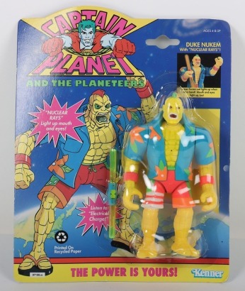 Vintage Captain Planet and the Planeteers Duke Nuke Nuclear Rays Hawaiian Shirt Action Figure moc carded Kenner.