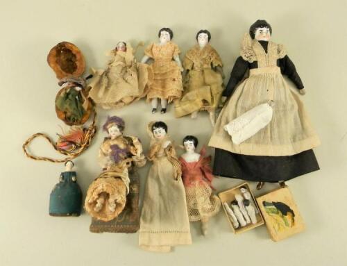 Collection of glazed china shoulder head dolls house dolls, German 1880-90,