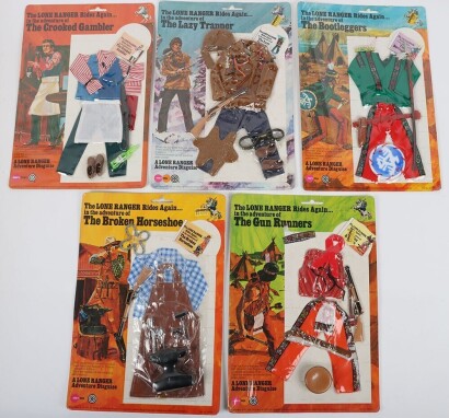 Five Vintage The Lone Ranger Rides Again Outfits Marx Toys new in original packaging Adventure Disguise.