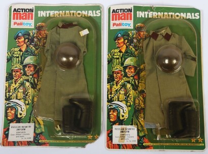 Two Vintage Action Man Palitoy Internationals Russian Infantry Uniforms sealed on card.
