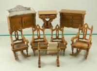 Selection of eight pieces of Schneegass Cheery wood Dolls house furniture, German circa 1890,