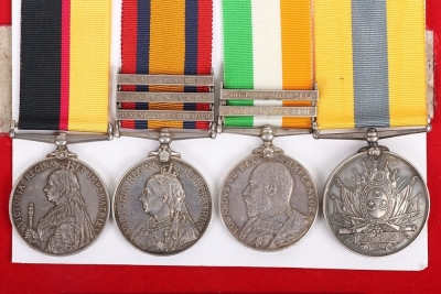 Campaign Group of Four Medals to the Rifle Brigade for Service in the Sudan and in the Second Boer War When the Recipient was Dangerously Wounded, Queens Sudan Medal, engraved naming, &ldquo;4145 PTE G. NICHOLS 2/R. BDE&rdquo;, Queens South Africa Medal with 3 claps, - 2