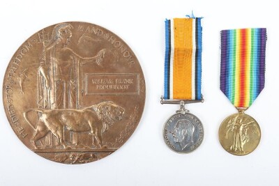 A Great War Pair of Medals and Memorial Plaque to a Recipient in the London Irish Rifles who Died of Wounds in December 1917