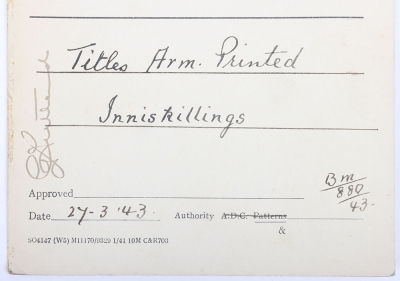 WW2 1943 Sealed Pattern Printed Inniskillings Shoulder Title - 4