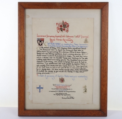 WW2 Captain John P Noble Military Cross, Kings Commendation Certificate, 5th Royal Horse Artilliery, KIA Normandy 1944.