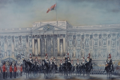 Watercolour Painting of the Procession of the Blues and Royals Household Cavalry Outside Buckingham Palace, London, by L A Huxford
