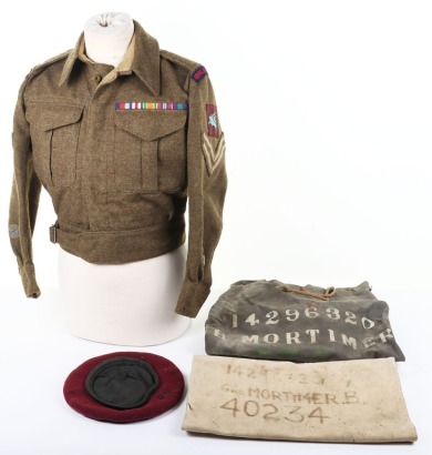 WW2 British Airborne Battle Dress Blouse & 1944 Dated Beret, Attributed to Gnr Mortimer, 6th Airborne Royal Artillery, Forward Observation Unit & PoW.