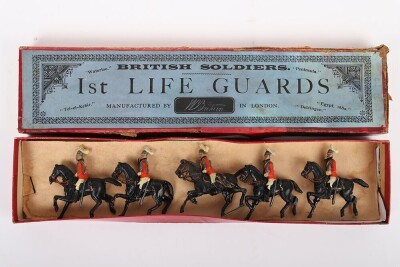 Britains set 1 1st Life Guards, third version 1897, four mounted troopers at the walk and Officer on rearing horse all with tin swords, in a printers label box, (good condition some slight wear, figures tied to backing card probably not original, box good
