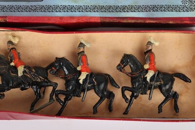 Britains set 1 1st Life Guards, third version 1897, four mounted troopers at the walk and Officer on rearing horse all with tin swords, in a printers label box, (good condition some slight wear, figures tied to backing card probably not original, box good - 3