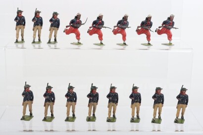 Britains from set 169 Italian Bersagliere, 1925 version, eleven marching with slung rifles, together with five French Zouaves from set 1432, (fair condition), (16). Please note: We do not offer in-house shipping for Toy Soldiers, please see shipping infor
