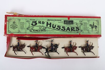 Britains boxed set 13, 3rd Hussars (The King&rsquo;s Own), fourth version, circa 1930, four Hussars on cantering horses and Officer on rearing horse, (condition: good, one Hussars lacks carbine barrel, box fair, lacks one end flap to lid and base, some tears/cr