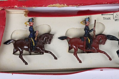 Britains boxed set 13, 3rd Hussars (The King&rsquo;s Own), fourth version, circa 1930, four Hussars on cantering horses and Officer on rearing horse, (condition: good, one Hussars lacks carbine barrel, box fair, lacks one end flap to lid and base, some tears/cr - 2