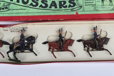 Britains boxed set 13, 3rd Hussars (The King&rsquo;s Own), fourth version, circa 1930, four Hussars on cantering horses and Officer on rearing horse, (condition: good, one Hussars lacks carbine barrel, box fair, lacks one end flap to lid and base, some tears/cr - 3